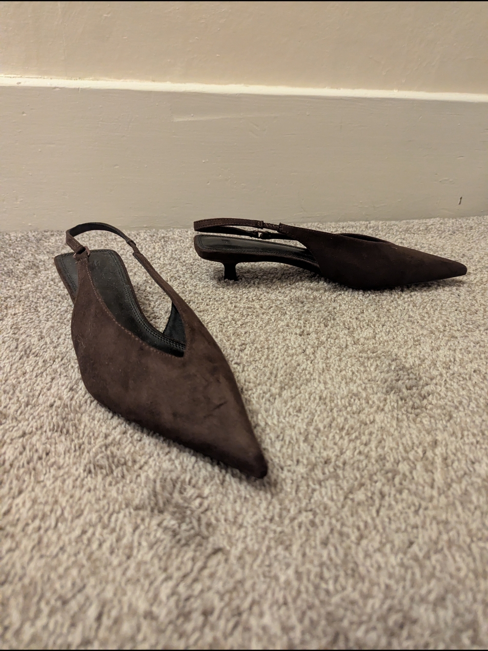 H&M Dark Brown Suede Pointed Slingback Kitten Heels